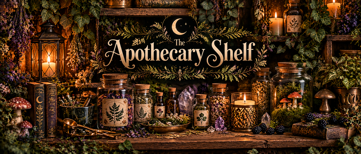 The Apothecary Shelf banner with corked botanical jars, dried herbs, mushrooms, antique books, candlelight, and ivy in a cozy woodland apothecary.