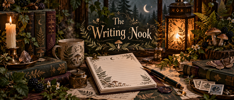 The Writing Nook: a woodland stationery desk with a lined notepad, pen, antique books, candle, lantern, ferns, mushrooms, and moonlit forest.