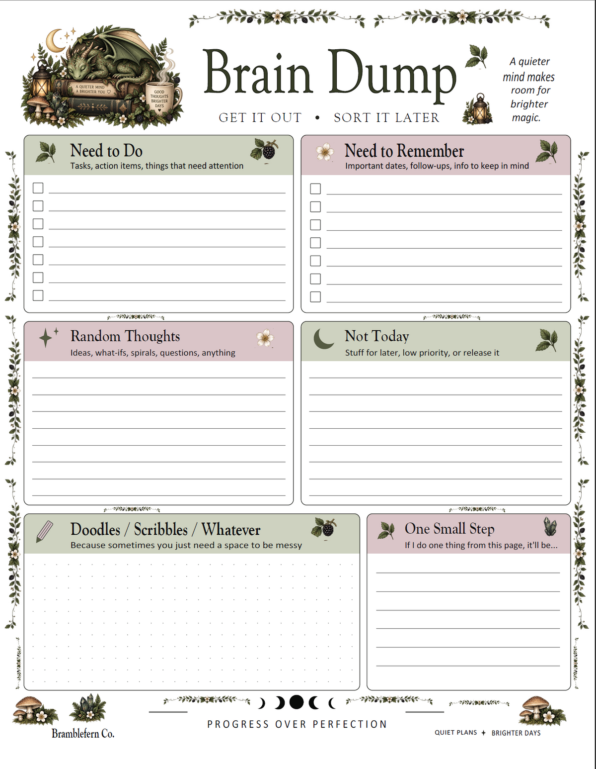 Bramblefern Brain Dump printable with woodland dragon artwork, botanical borders, and sections for tasks, reminders, random thoughts, later items, doodles, and one small step.