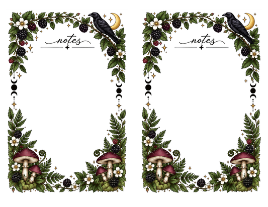 Blackberry Moon Notes: two matching half-letter notes pages side by side on one US Letter sheet, bordered by blackberries, ravens, crescent moons, ferns, flowers and mushrooms.