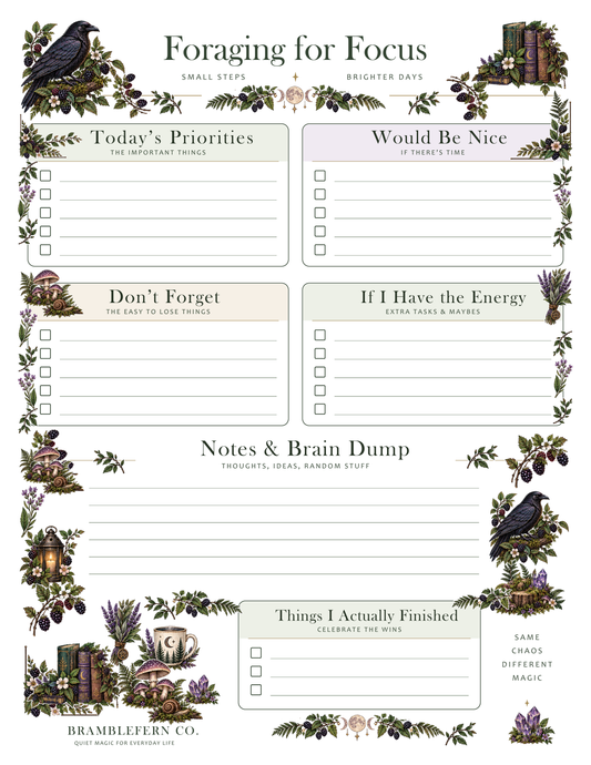 Foraging for Focus daily planner by Bramblefern Co., with priorities, optional tasks, reminders, brain dump and completed-task sections, framed by ravens, mushrooms and botanical artwork.