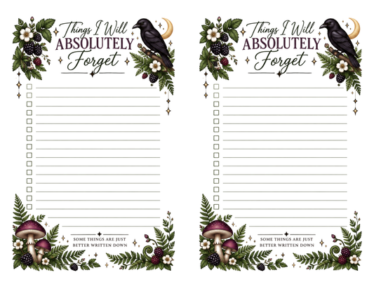 Full US Letter sheet showing two identical 5.5 × 8.5-inch “Things I Will Absolutely Forget” checklists side by side, with raven, blackberry, mushroom and fern artwork.