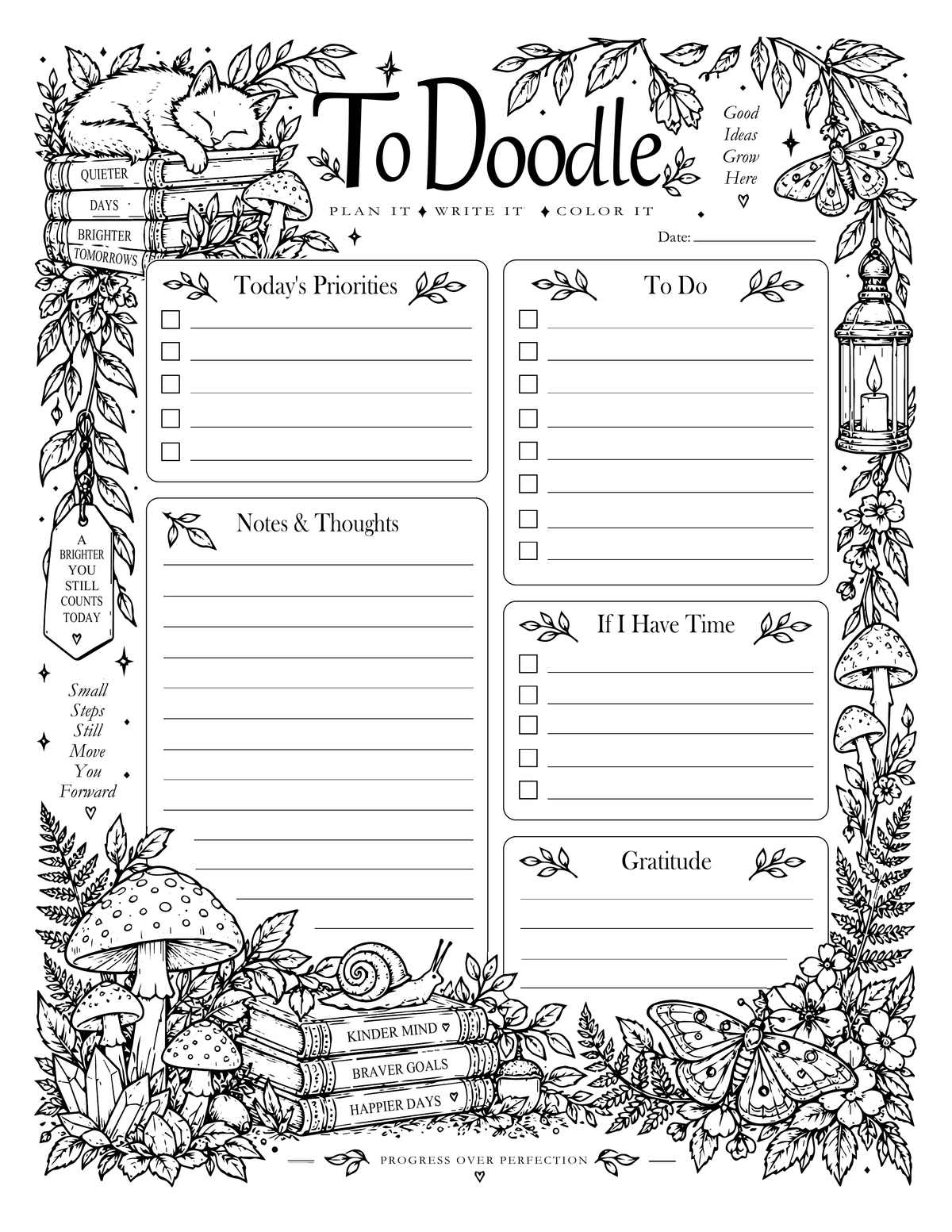ToDoodle printable daily planner with priorities, to-do list, notes, extra tasks and gratitude sections, framed by black-and-white woodland coloring artwork.