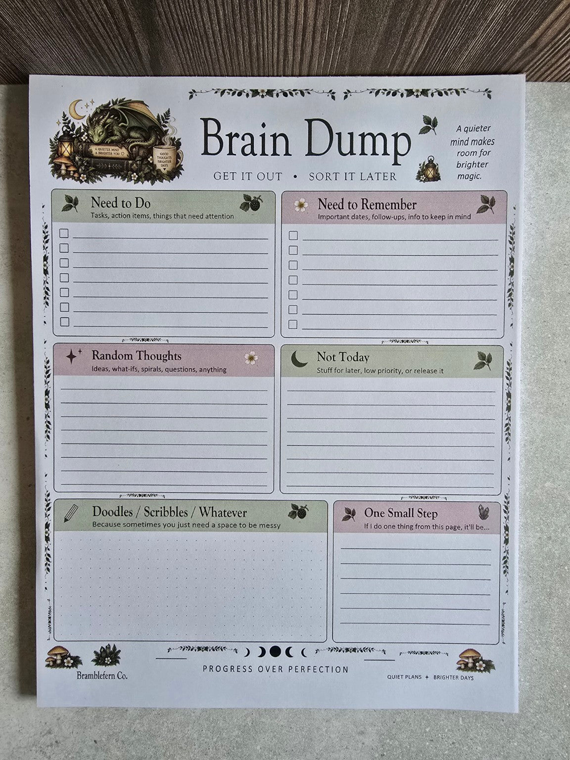 Brain Dump gothic woodland organizer notepad front view with dragon, sections for tasks, reminders and thoughts