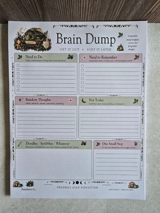 Brain Dump gothic woodland organizer notepad front view with dragon, sections for tasks, reminders and thoughts