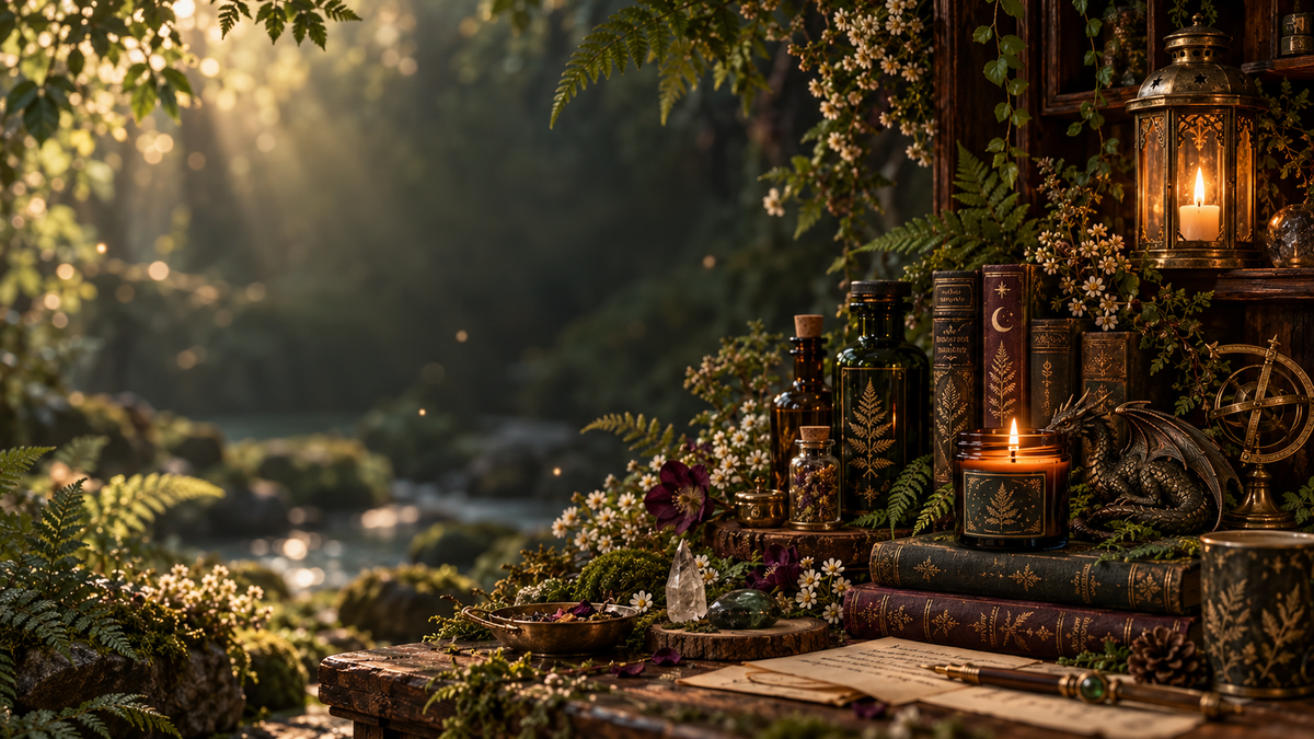 A warm woodland writing and apothecary desk with antique books, ferns, a small dragon, botanical jars and lanterns beside a sunlit forest clearing.