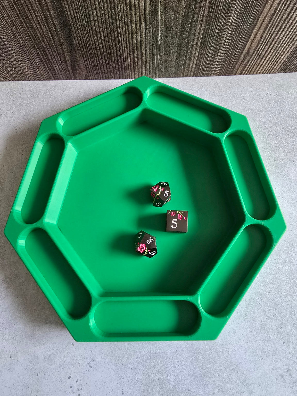 Moonhollow Keep green hexagonal dice tray with dice
