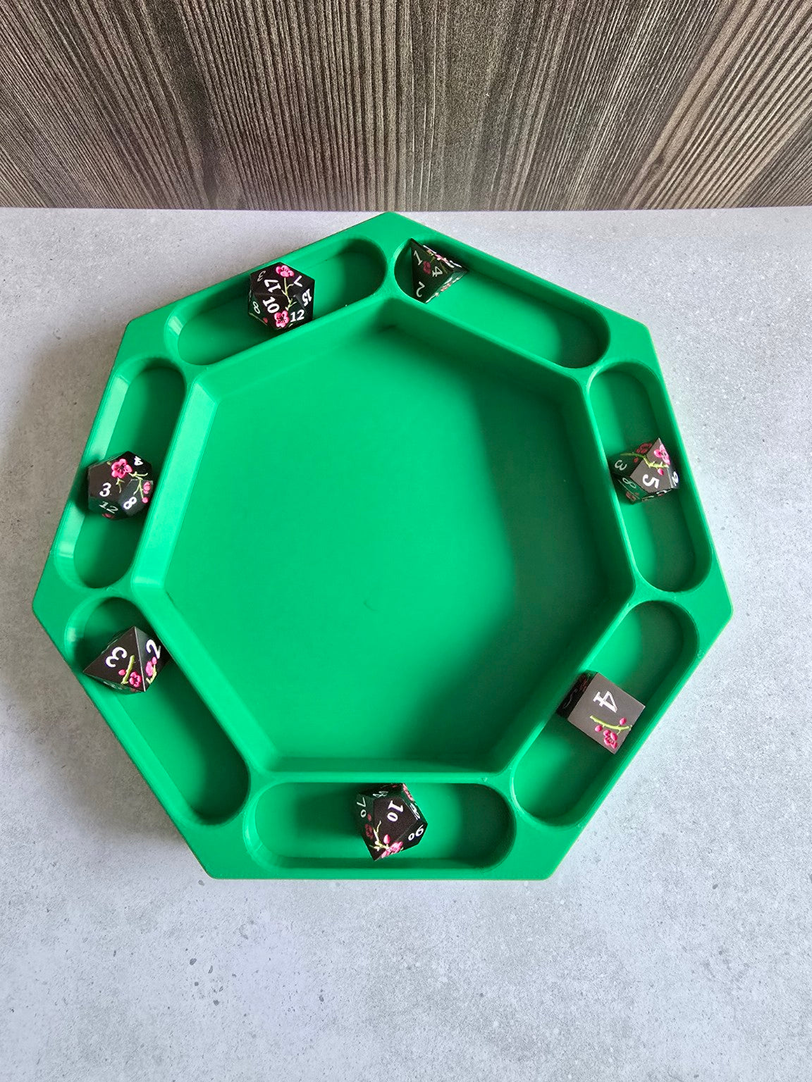 Moonhollow Keep green hexagonal dice tray with dice