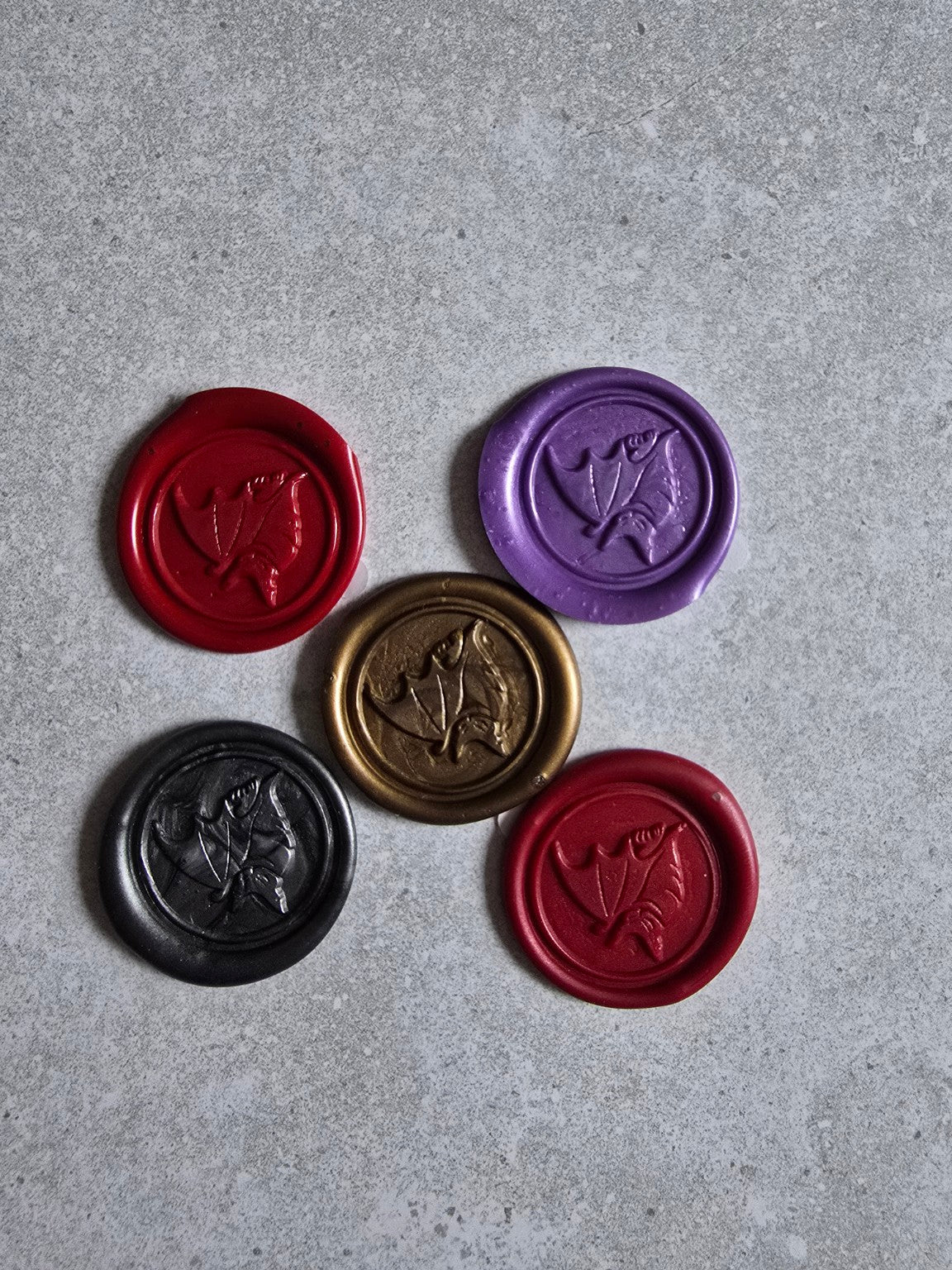 Packaged handmade bat design self-adhesive wax seals.