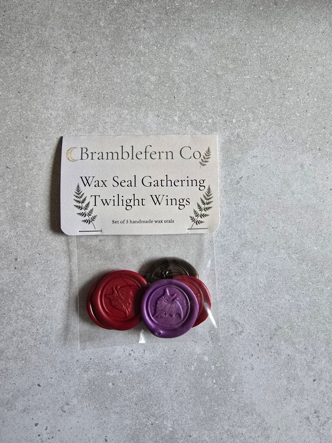 Twilight Wings handmade self-adhesive wax seals packaged as a set of five.