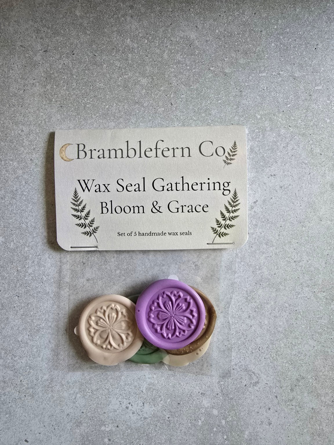 Bloom and Grace handmade self-adhesive wax seals packaged as a set of five.