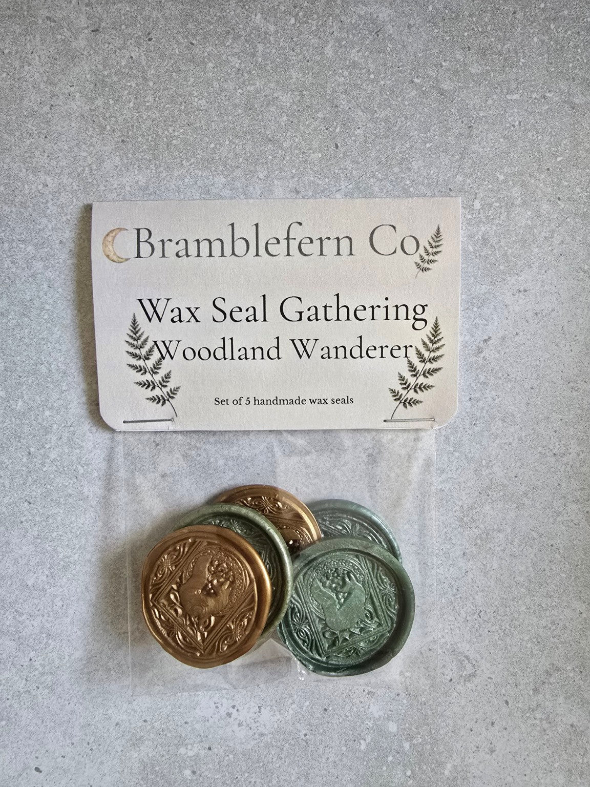 Woodland Wanderer handmade self-adhesive wax seals packaged as a set of five.