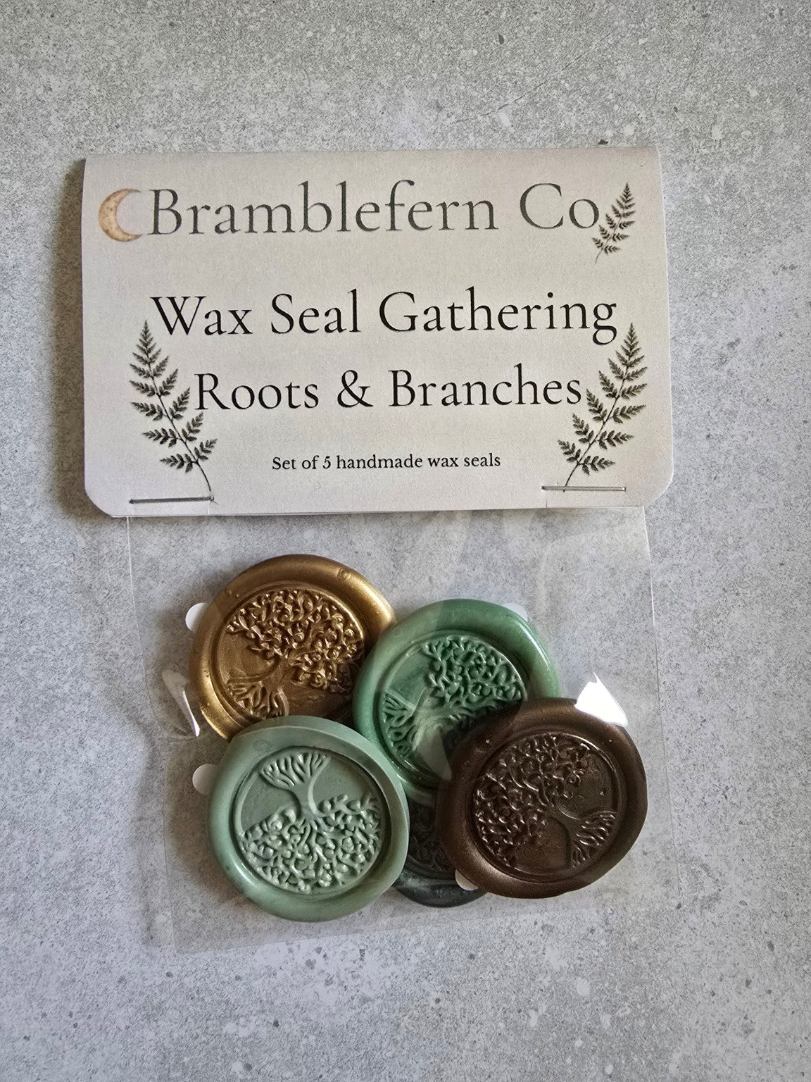 Roots and Branches handmade self-adhesive wax seals packaged as a set of five.