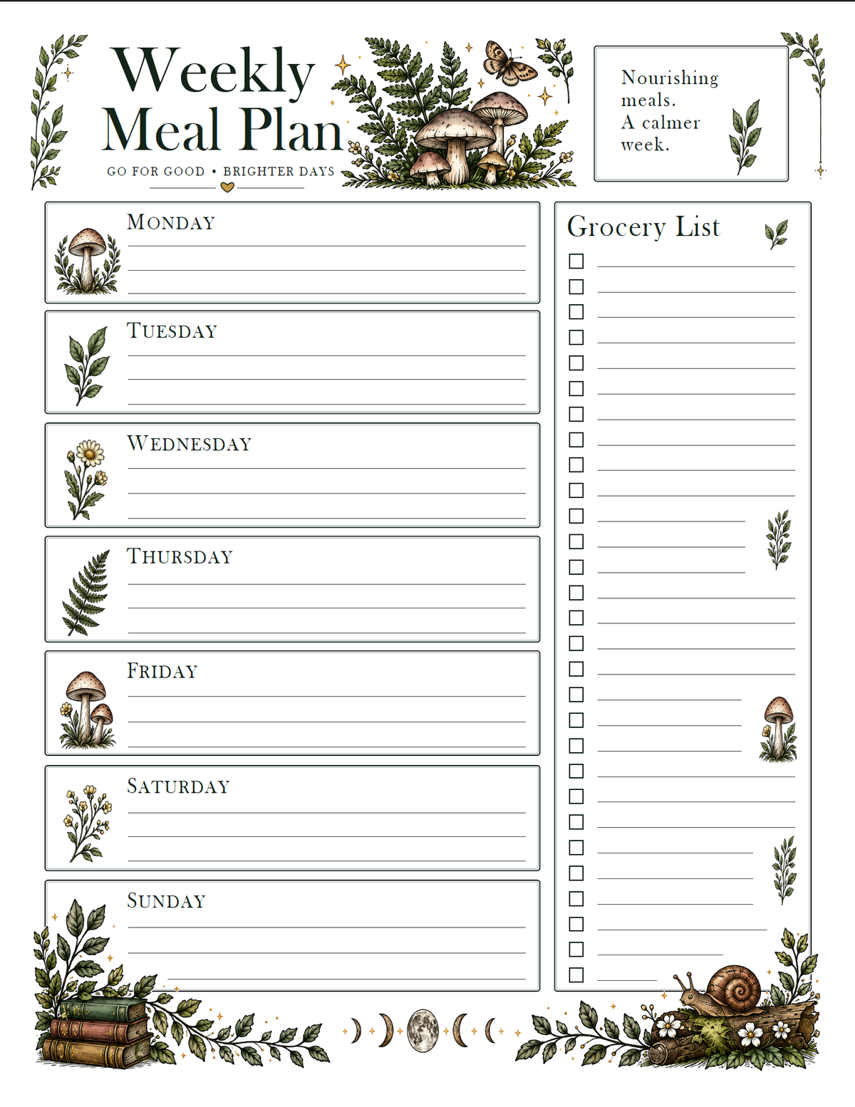 Weekly Meal Plan printable with Monday through Sunday planning sections, a grocery checklist, and woodland botanical, mushroom, and snail illustrations.